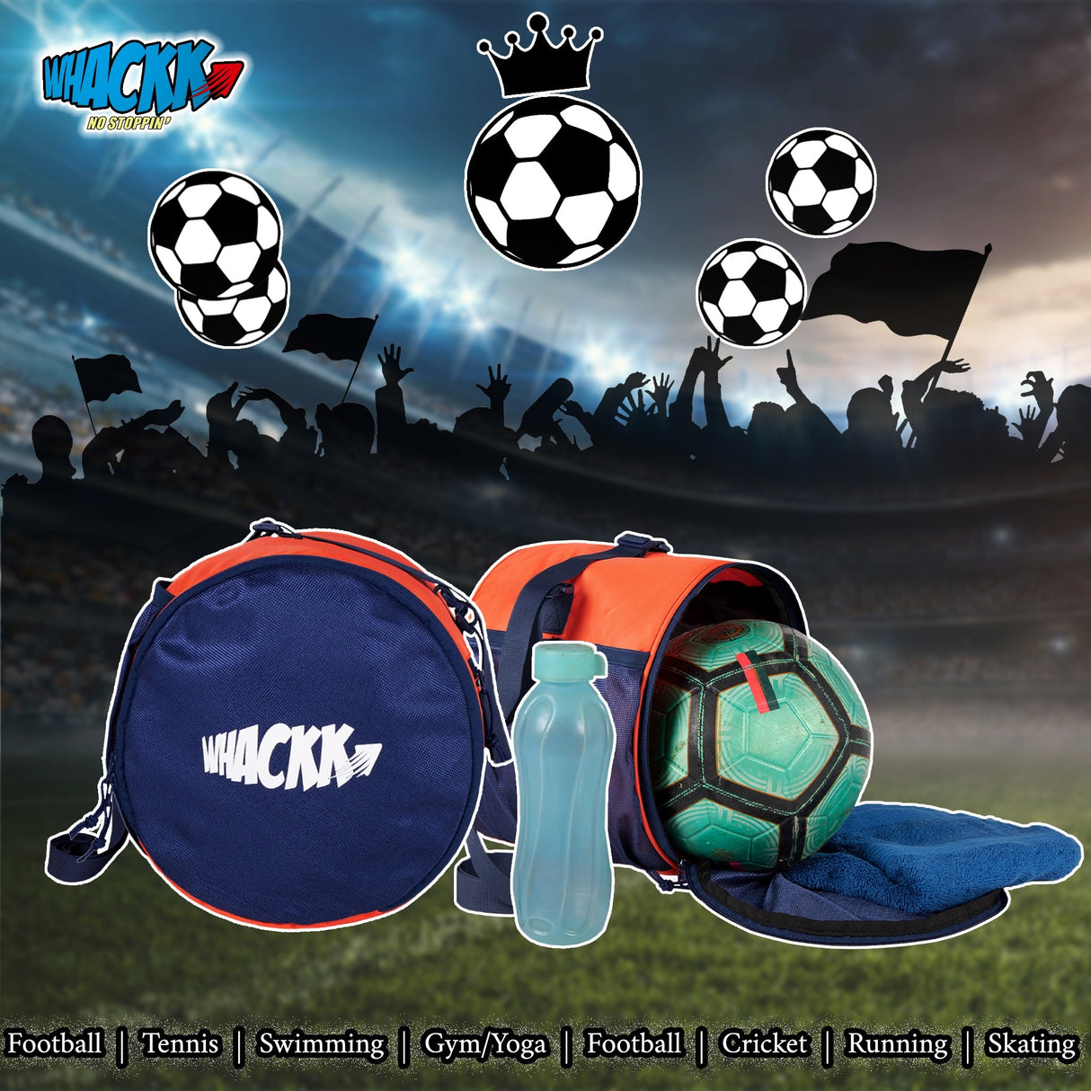 Kick Soccer Navy Orange Football Equipment Bags|Basketball Volleyball Bags |Adjustable Strap Backpack |Easy Access Pocket Mesh Bottle Holders | Ball Bag |Kitbag |Bag
