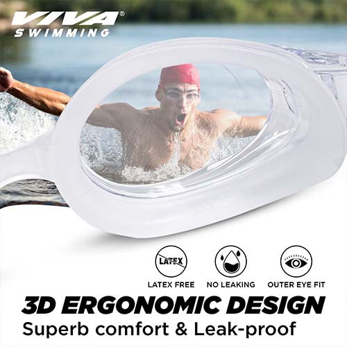 Viva Swimming Flex 3D Ergonomic Design Anti Fog & Crystal Clear View Silicone Swimming Goggle| Anti-Slip & Adjustable Straps| Case Packing (Black)