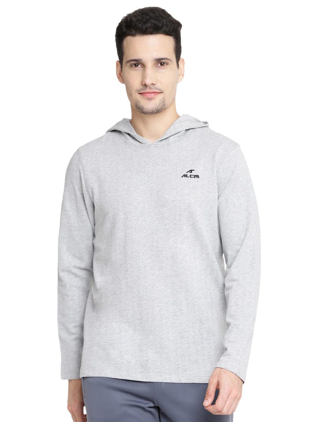 Alcis Men Grey Solid Hooded Sweatshirt 161MSS242