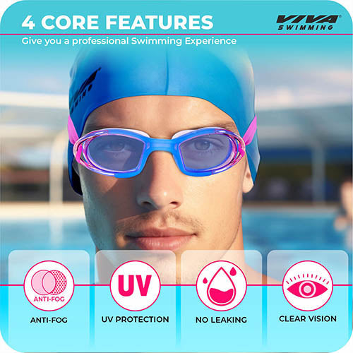 Viva Swimming Combo 616 Swimming Goggles & Swimming Cap, 2 Ear Plug With Nose Clip Swimming Kit Anti-Fog, UV Protection For Adults, Boys, Men