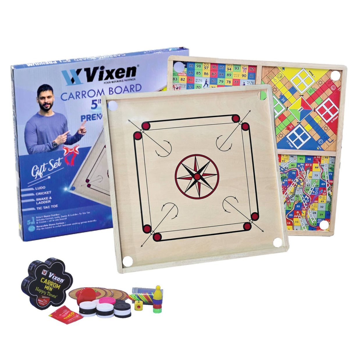 VIXEN CARROM BOARD 5 IN 1 PREMIUM 23″ × 23″
