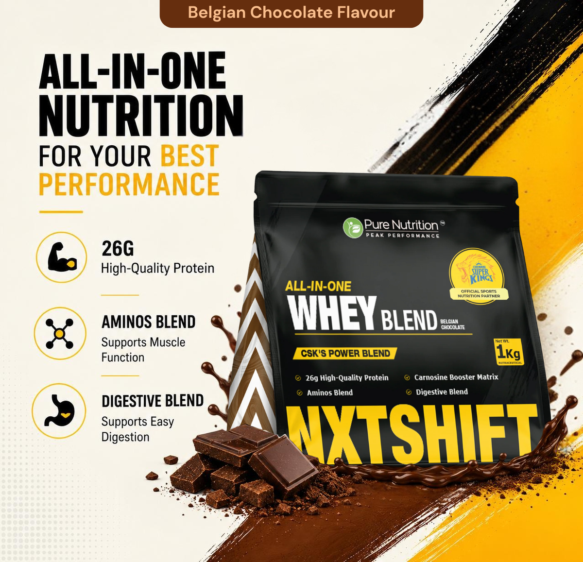 NXTShift All-in-One Whey Protein Blend 26g Protein | 1kg | Complete Formula