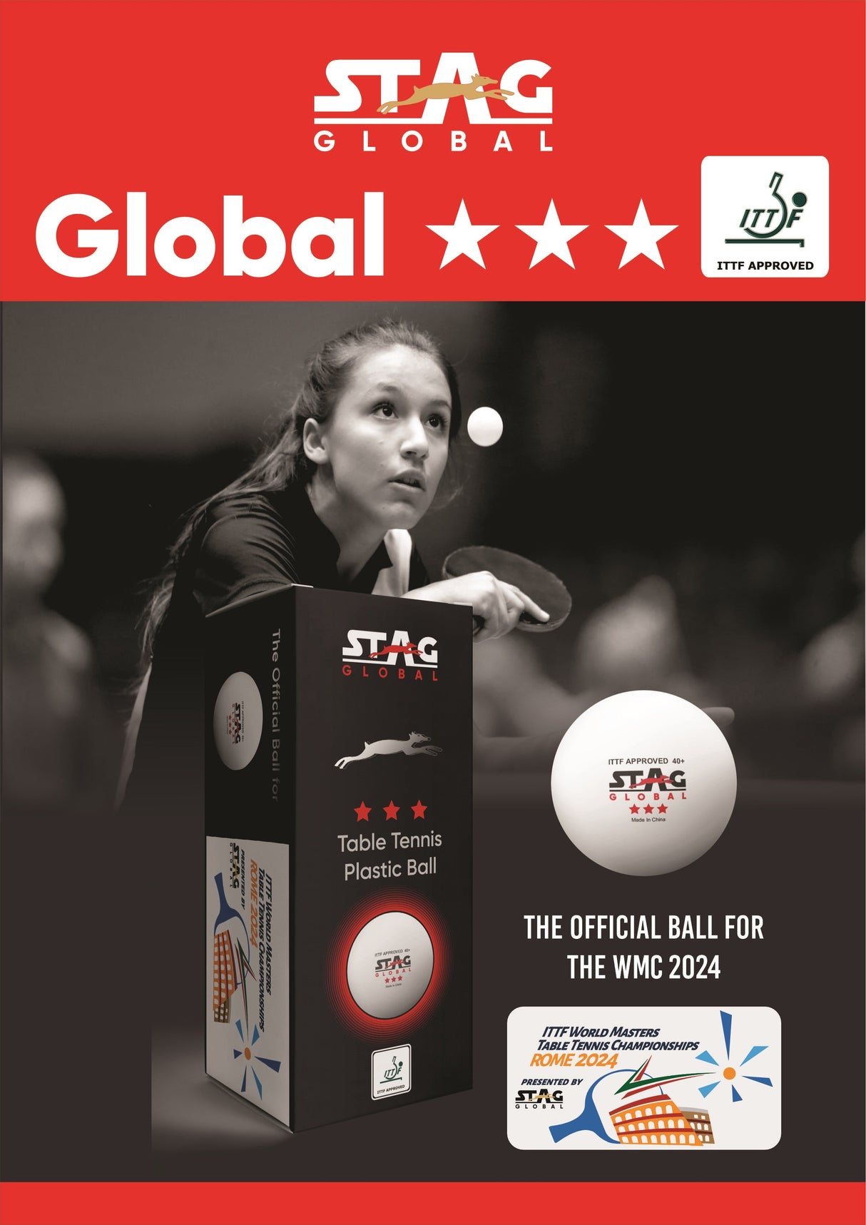 STAG GLOBAL Special Edition : Rome 2024 3 Star 40+ MM Table Tennis Ball