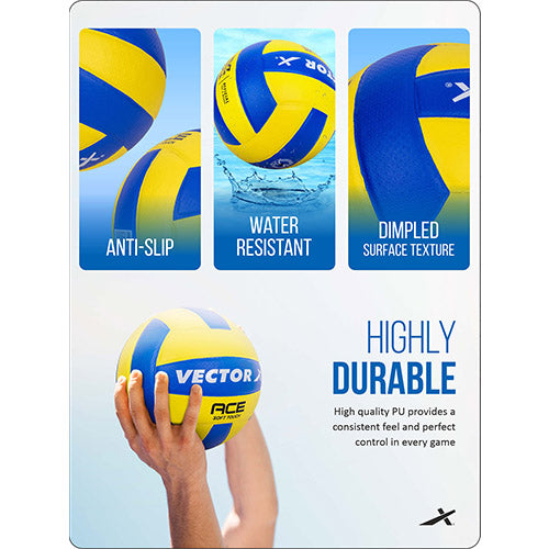 Vector X Ace Soft Touch 18 Panel PU Pasted Texture Surface Volleyball |Durable, Anti-Slip, Water Resistant Ball for Court, Adult, Men & Boys (Yellow - Blue) Pack of 1 Size 4