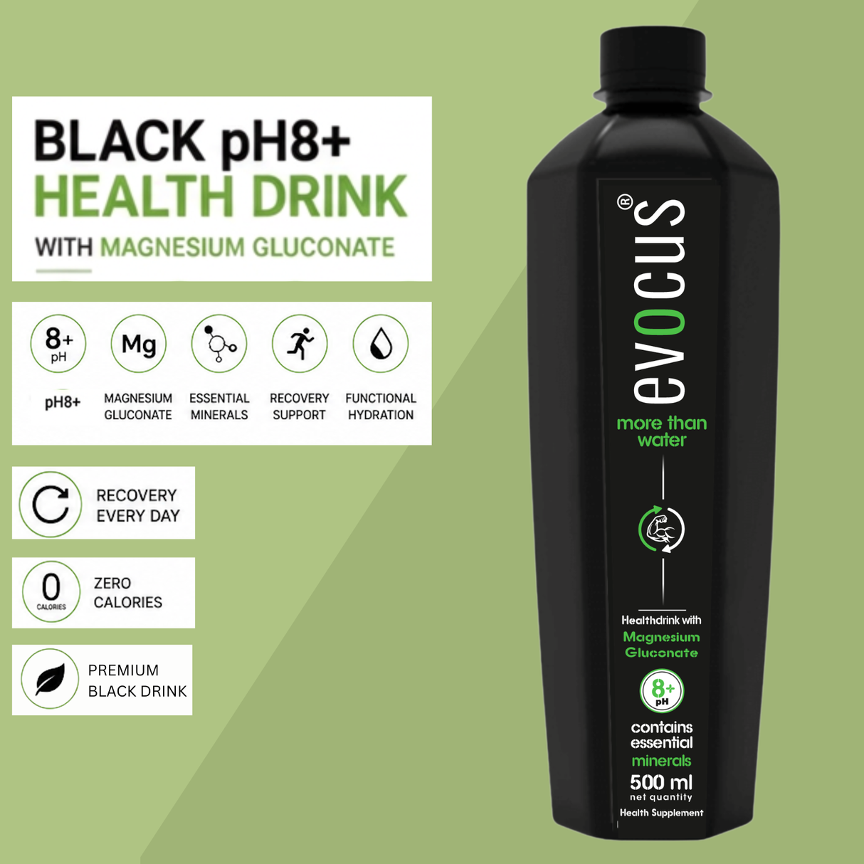 EVOCUS Black Health Drink with Magnesium Gluconate (500ml) Pack of 6