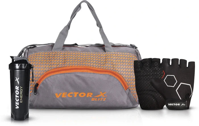 Vector X Blitz Gym Bag Combo for Men ll Gym Bag with Shoe Compartment and, Black Bottle, Black Wristband, Black Gloves ll Gym Bag & Fitness Kit & Gym Bag Combo
