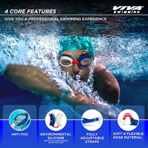 Viva Swimming USA Country Color 3D Ergonomic Design|UV Protection, Anti Fog, Leak-Proof Goggle with Adjustable Straps & Nose Clip|Professional Swimming Goggles for Kids, Men & Women with Protection Case Kit