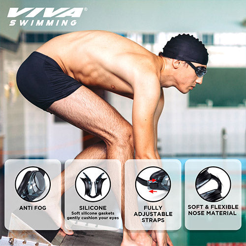 Viva Swimming Flex 3D Ergonomic Design Anti Fog & Crystal Clear View Silicone Swimming Goggle| Anti-Slip & Adjustable Straps| Case Packing (Black)