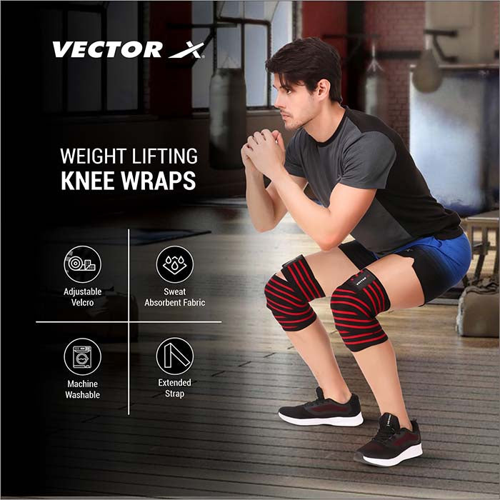 Vector X Knee Wraps/Knee Stabilizer/Knee Bands/Knee Support Compression Straps Set for Weightlifting, Gym Workout, Sports, Squats, Crossfit, Powerlifting, Deadlifts and Heavy Lifting |Washable Fabric- Men and Women (2 Meters Length, 1 Pair) Black-Red