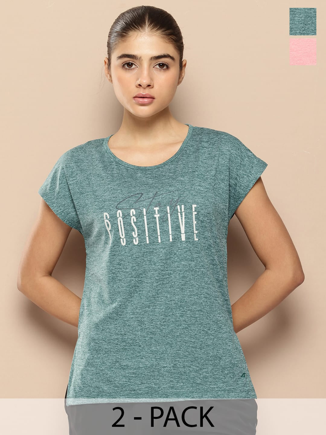 Pack Of 2 Women Yoga Tee Peach & Teal