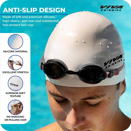 Viva Swimming Combo-704 Senior Kit- Swim Goggles, Caps and Ear plug Combo Set With Case Set- Silicone Non-Slip Material, Anti-Fog, UV Protection For Adults, Boys, Men