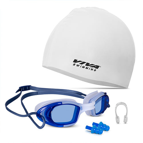 Viva Swimming Combo 616 Swimming Goggles & Swimming Cap, 2 Ear Plug With Nose Clip Swimming Kit Anti-Fog, UV Protection For Adults, Boys, Men