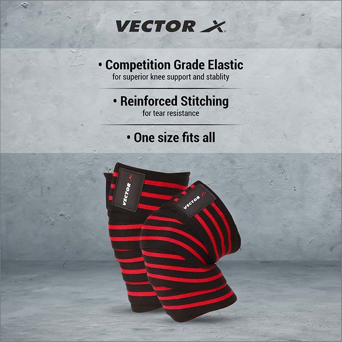 Vector X Knee Wraps/Knee Stabilizer/Knee Bands/Knee Support Compression Straps Set for Weightlifting, Gym Workout, Sports, Squats, Crossfit, Powerlifting, Deadlifts and Heavy Lifting |Washable Fabric- Men and Women (2 Meters Length, 1 Pair) Black-Red