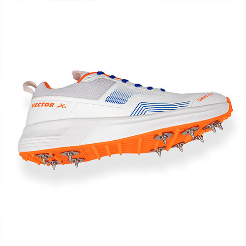 Vector X Swing 2.0 Cricket Shoes With Metal Spikes for Men & Boys Sports Shoes Lightweight Upper with TPU Fusing, EVA Midsole with Rubber Oustole Cricket Practice/Professional (Whie-Orange)