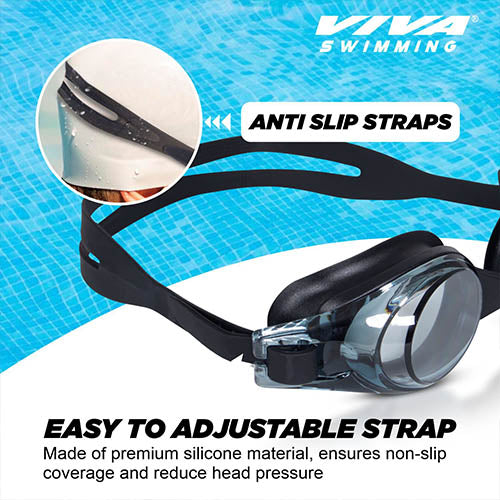 Viva Swimming Flex 3D Ergonomic Design Anti Fog & Crystal Clear View Silicone Swimming Goggle| Anti-Slip & Adjustable Straps| Case Packing (Black)