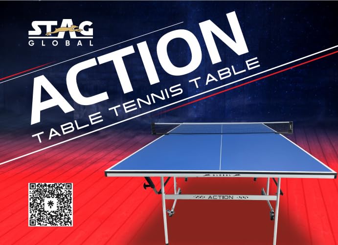 STAG GLOBAL Action Tennis Table Blue Top | 1 Table Cover | 2 TT Rackets, 6 Balls | 1 Clamp Net Tennis Table Blue Top | 1 Table Cover | 2 TT Rackets, 6 Balls | 1 Clamp Net