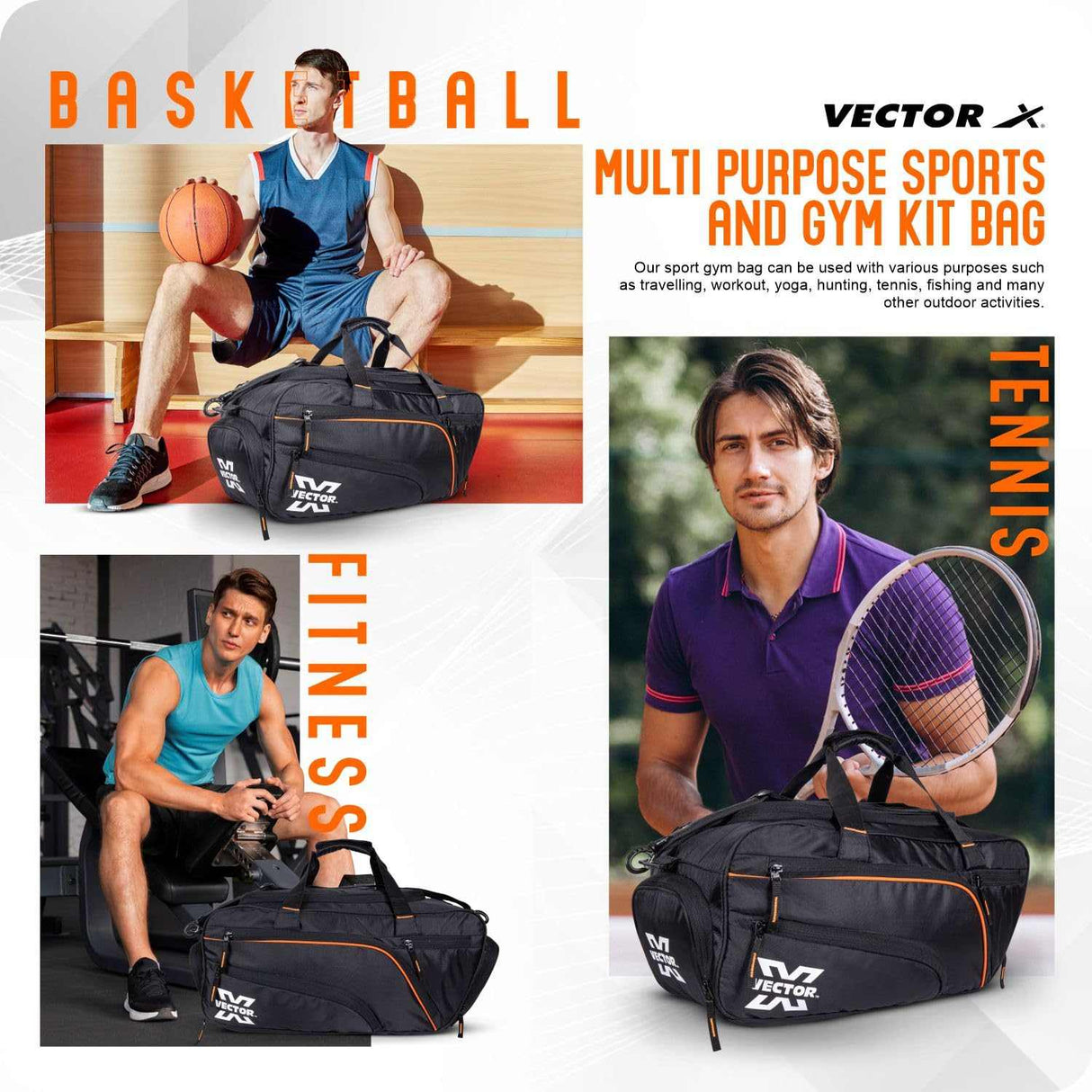 Vector X Titan Holdall Multi-Purpose Sports, Fitness Gym Kit Bag, 7 Spacious Compartments - Luggage Bag - Large Capacity Stylish/Lightweight Bag Black (25 * 25 * 56) cm