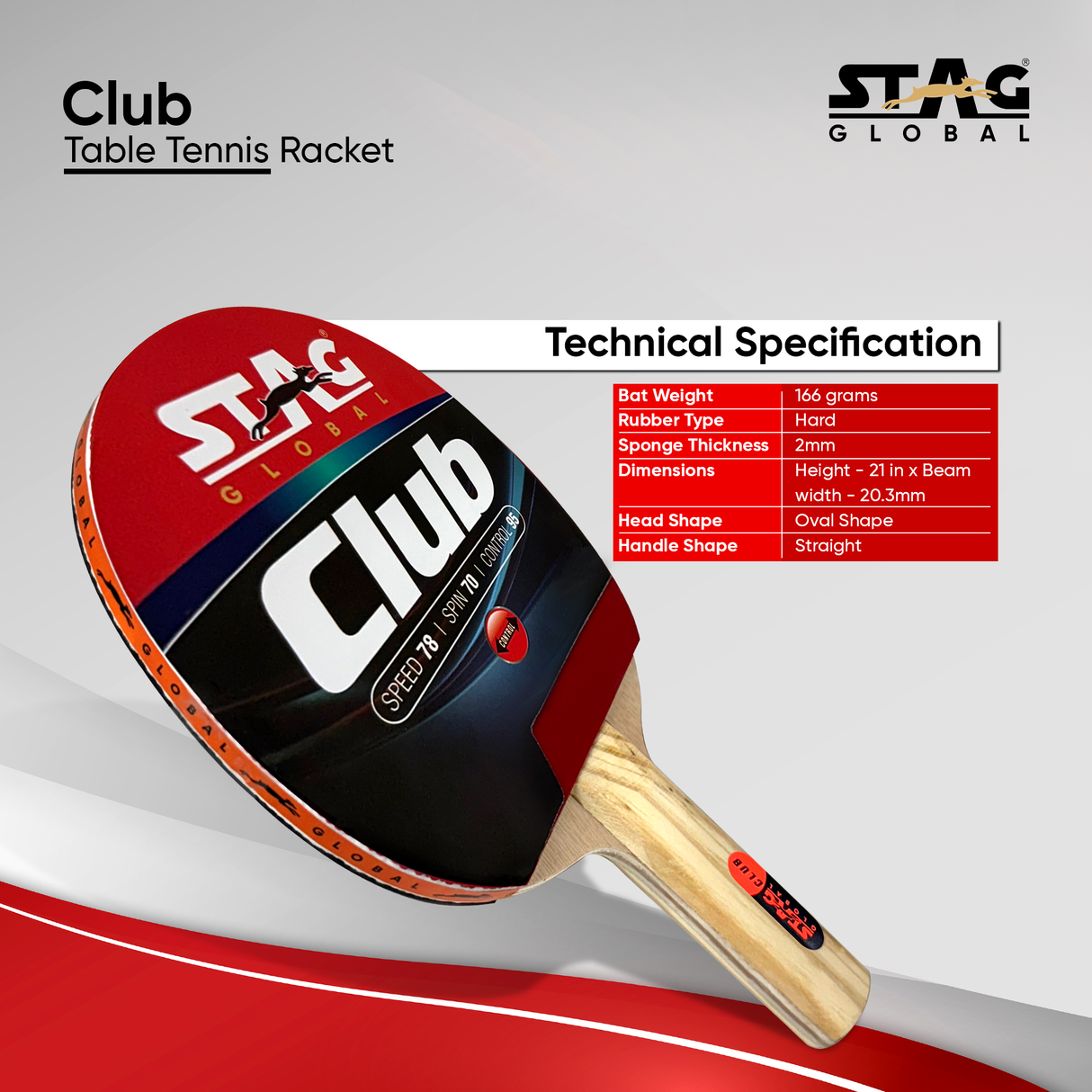 STAG GLOBAL Club Table Tennis Racket | Speed 78 | Spin 70 | Control 95 | Beginner Training Series Ping Pong Racket
