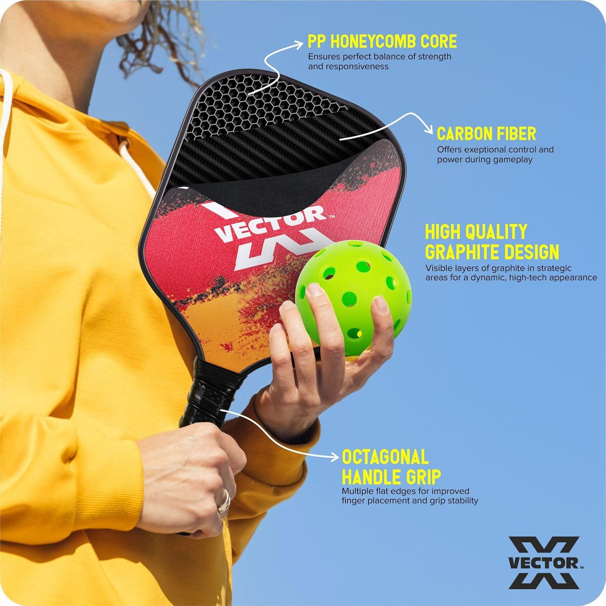 Vector X FIRE Pickle Bat, Lightweight Carbon Fiber Material, Face Honeycomb Composite Core Paddle Low Edge Guard, Durable, Lightweight Pickleball Racket (1 Racket+ 2 Pickle Ball+Carry Bag)
