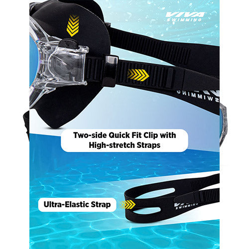 Viva Swimming Unicorn Professional Play Swimming Goggles|Anti-Fog, UV Protection|One Piece With Mirror Lens for Men & Women|Branded Case Packing