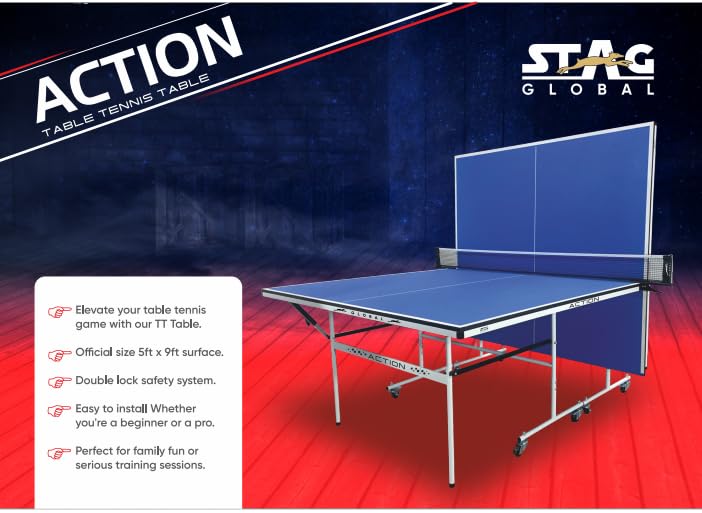 STAG GLOBAL Action Tennis Table Blue Top | 1 Table Cover | 2 TT Rackets, 6 Balls | 1 Clamp Net Tennis Table Blue Top | 1 Table Cover | 2 TT Rackets, 6 Balls | 1 Clamp Net