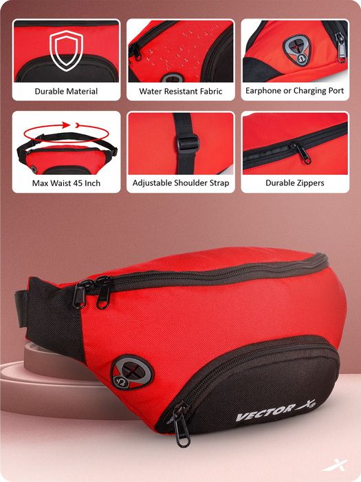 Vector X Stylish Waist Travel Hiking Chest/Fanny Bag with Adjustble Waist Belt, Pouch Sports Pack for Men and Women Premium Stitching, Handy,Versatile, Waterproof Bum Bag