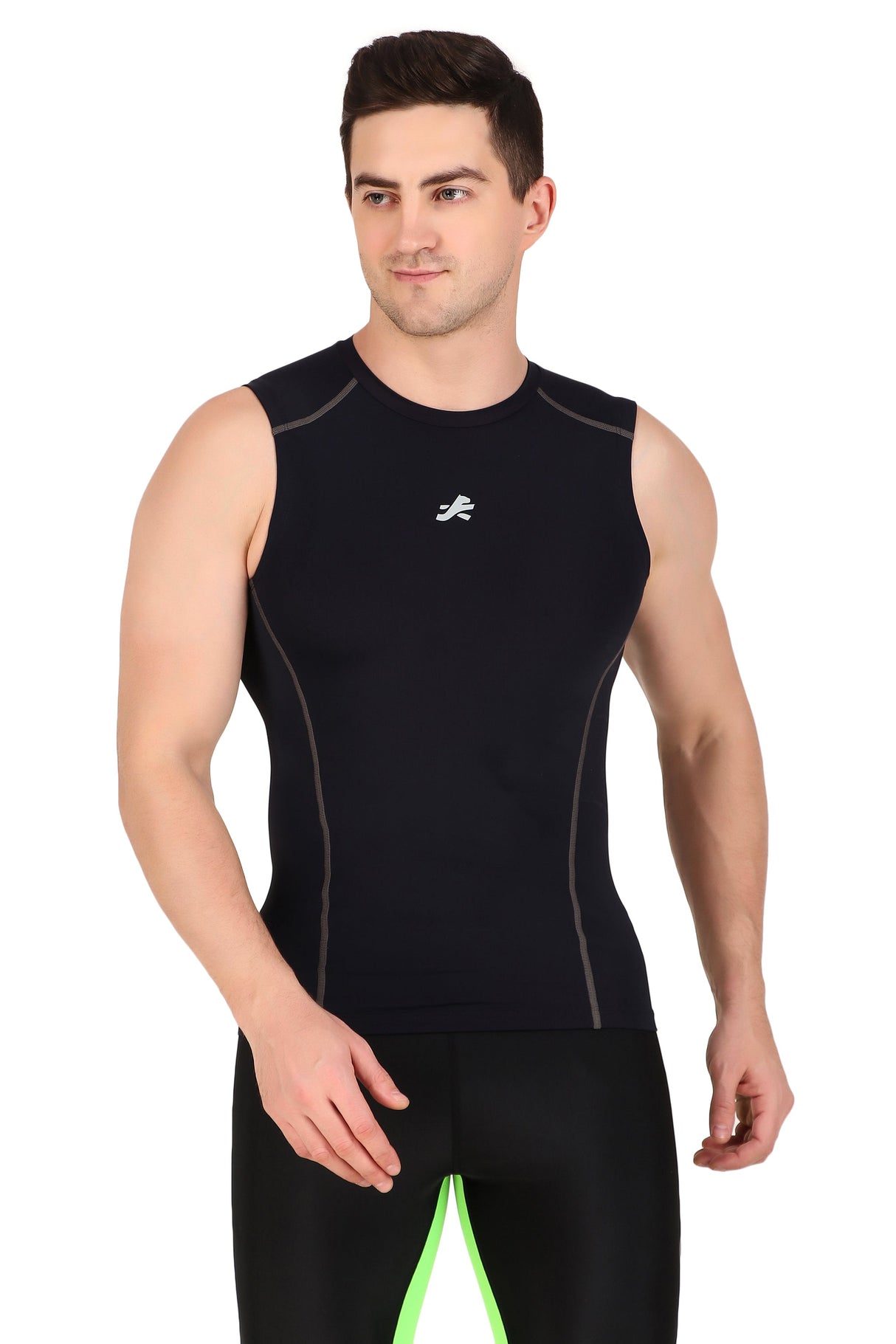 Nylon Compression Tshirt Cutsleeves Tights For Men (Navy Blue)