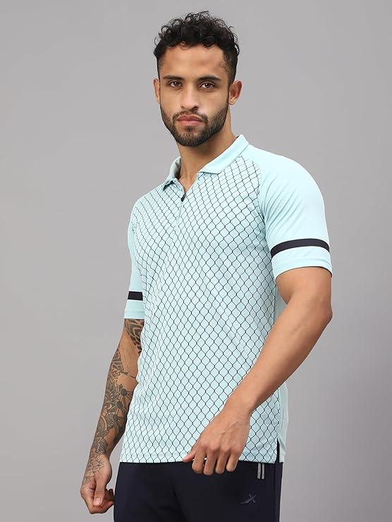 Vector X Mens Sports Wear Polyester Front Printed Collar Neck with Front Zipper Opening Half Sleeves T-shirt For Running, Training, Athletic