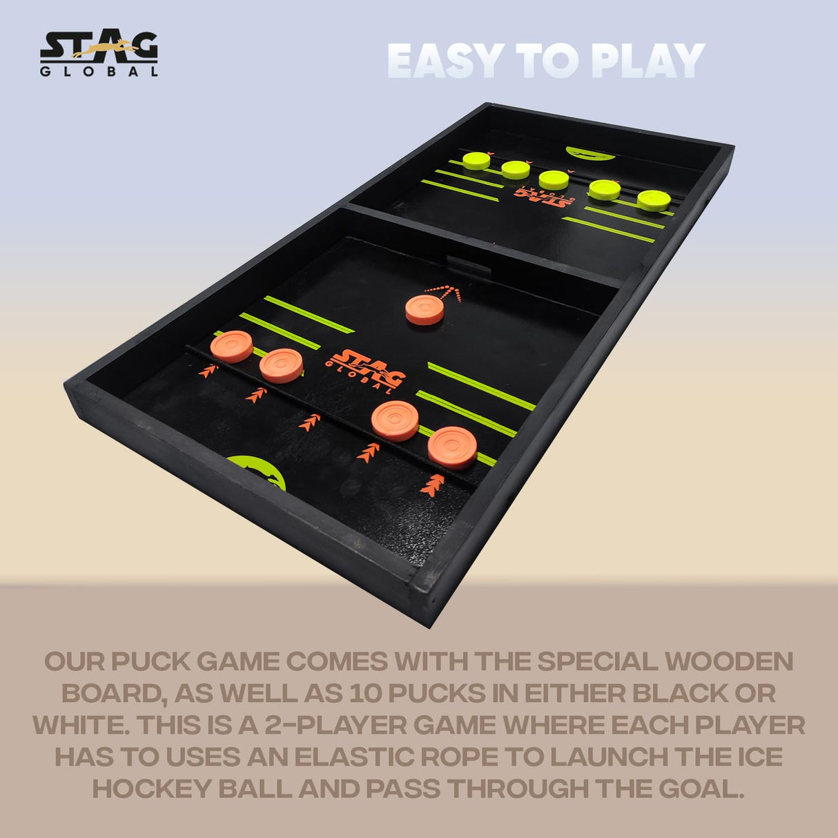 STAG GLOBAL Premium Wooden Large String Hockey Table Game | Fast Sling Puck Game | Family Fun Game | Game for All Ages