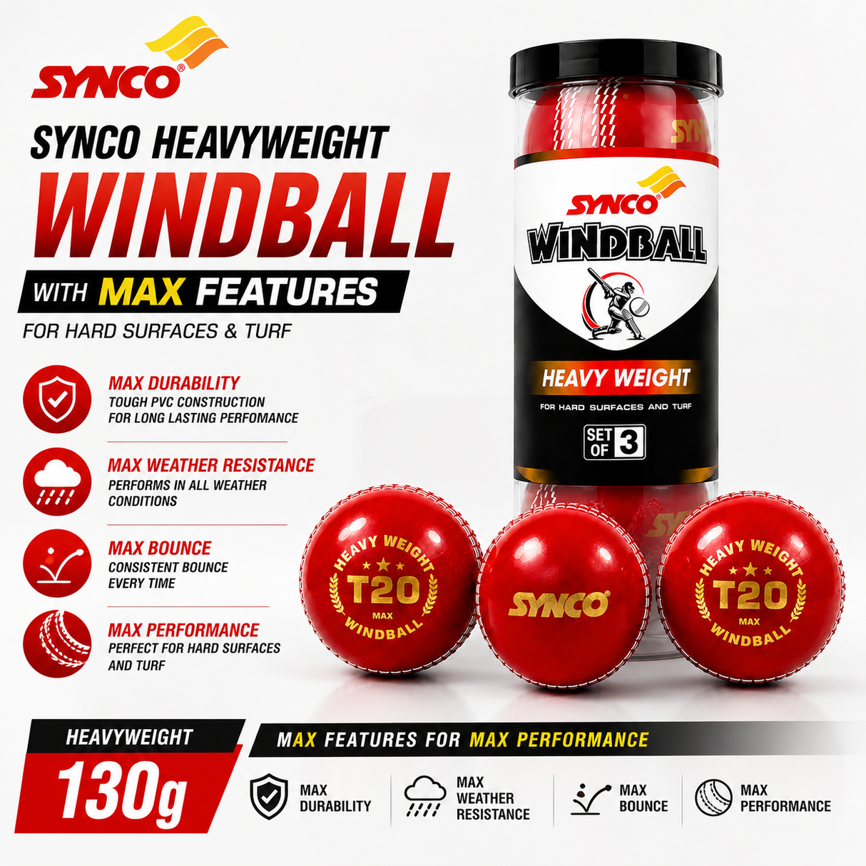 T20 Max Heavy Weight Cricket Wind Ball 130g set of 3 - Synco
