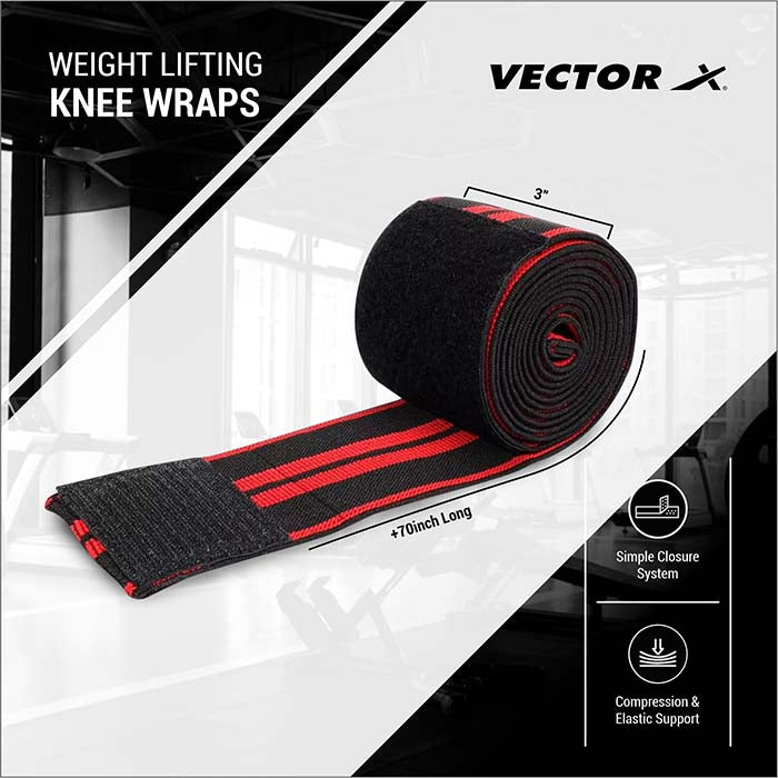 Vector X Knee Wraps/Knee Stabilizer/Knee Bands/Knee Support Compression Straps Set for Weightlifting, Gym Workout, Sports, Squats, Crossfit, Powerlifting, Deadlifts and Heavy Lifting |Washable Fabric- Men and Women (2 Meters Length, 1 Pair) Black-Red