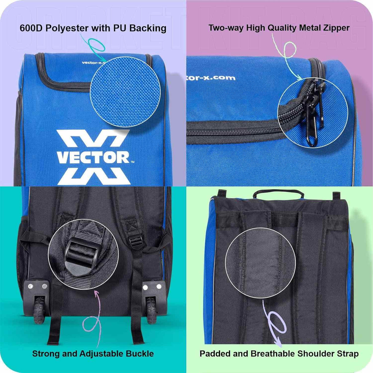 Vector X Greenfield Pro 60 Ltr. PU Polyester Cricket Backpack Senior Kit With Wheel Trolley Bag|1 Pocket for Bat|Shoe & Accessories Pockets|1 Water Bottle Holders|Lightweight|Dual Opening (Blue-Black)