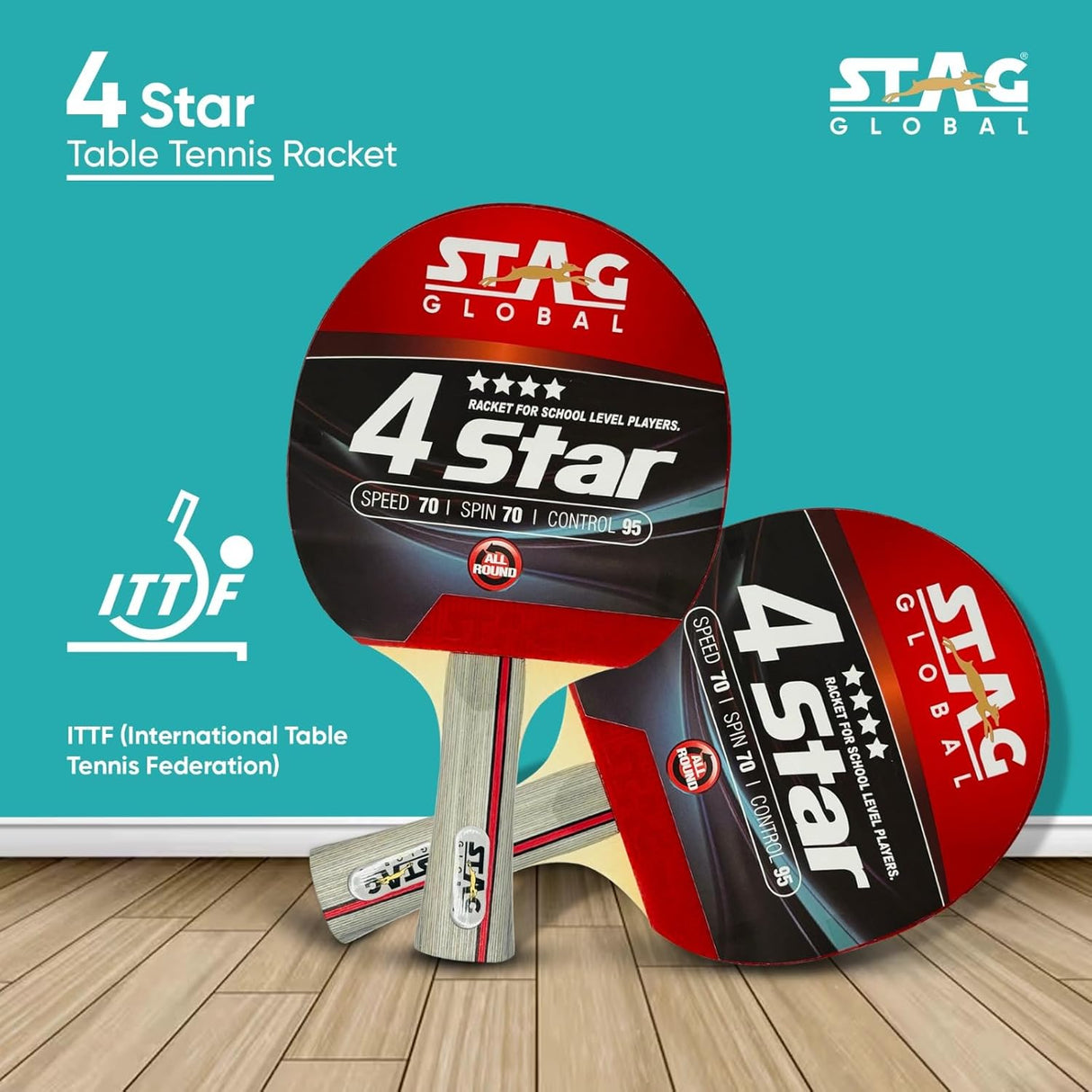 STAG GLOBAL 4 Star Table Tennis Racket | Speed 70 | Spin 70 | Control 95 | ITTF Approved Rubber