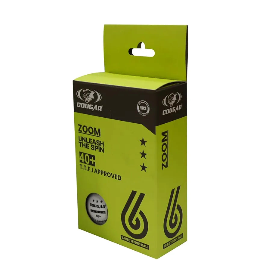 COUGAR Zoom 3-Star Table Tennis Balls – Set of 6 | White | Premium Plastic Balls for Advanced Practice & Tournament Training