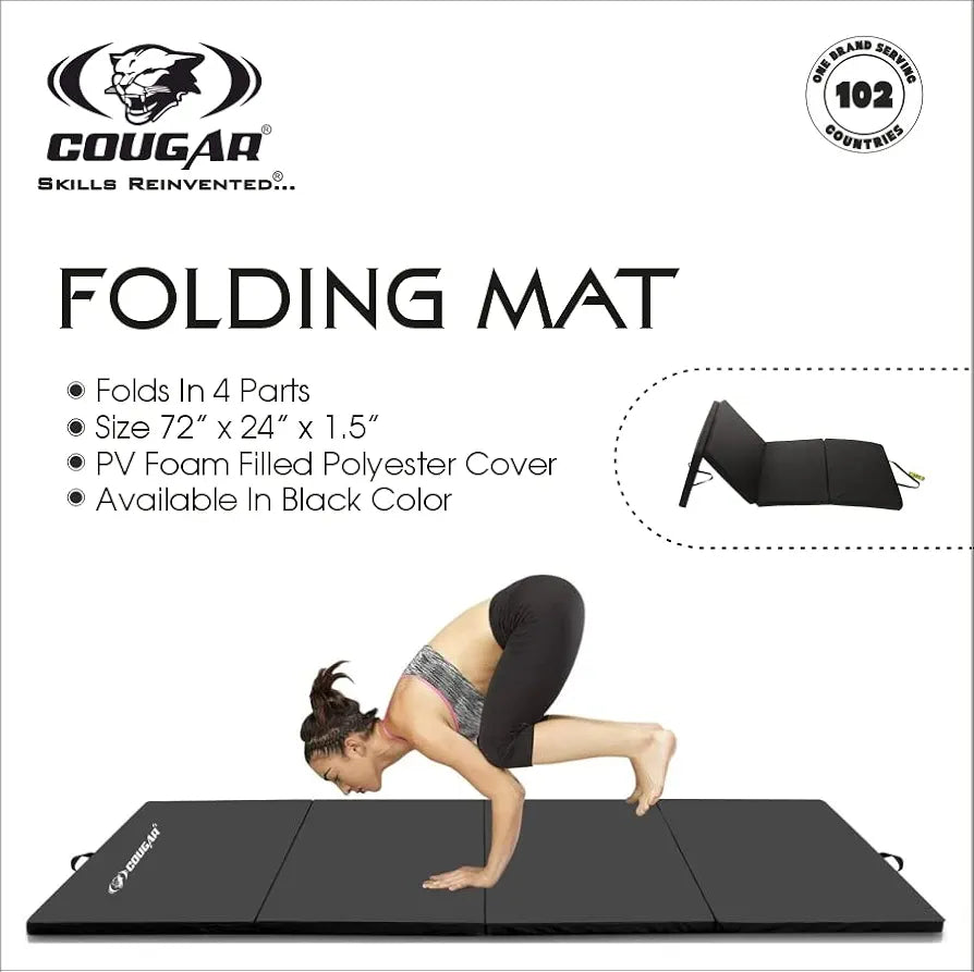 COUGAR Gymnastics Folding Mat ||Folds in 4 Parts PVC Foam Filled polyster cover|| Foldable Movable portable Cot Mattress, Bed Mattress for Travel, Picnic, Yoga Mat || folding yoga mat for travelling