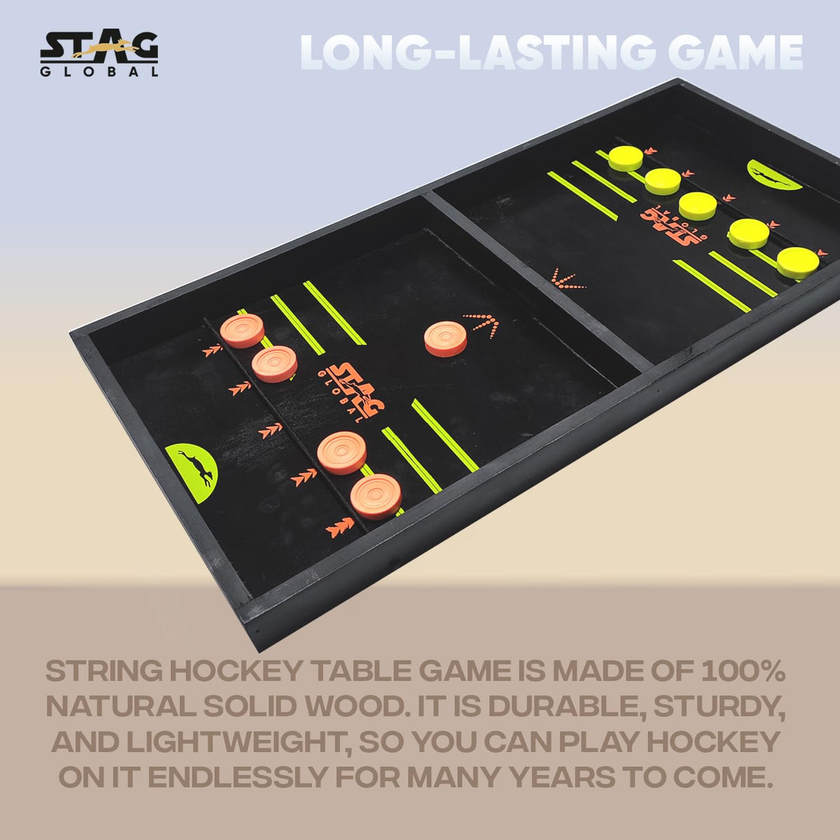 STAG GLOBAL Premium Wooden Large String Hockey Table Game | Fast Sling Puck Game | Family Fun Game | Game for All Ages
