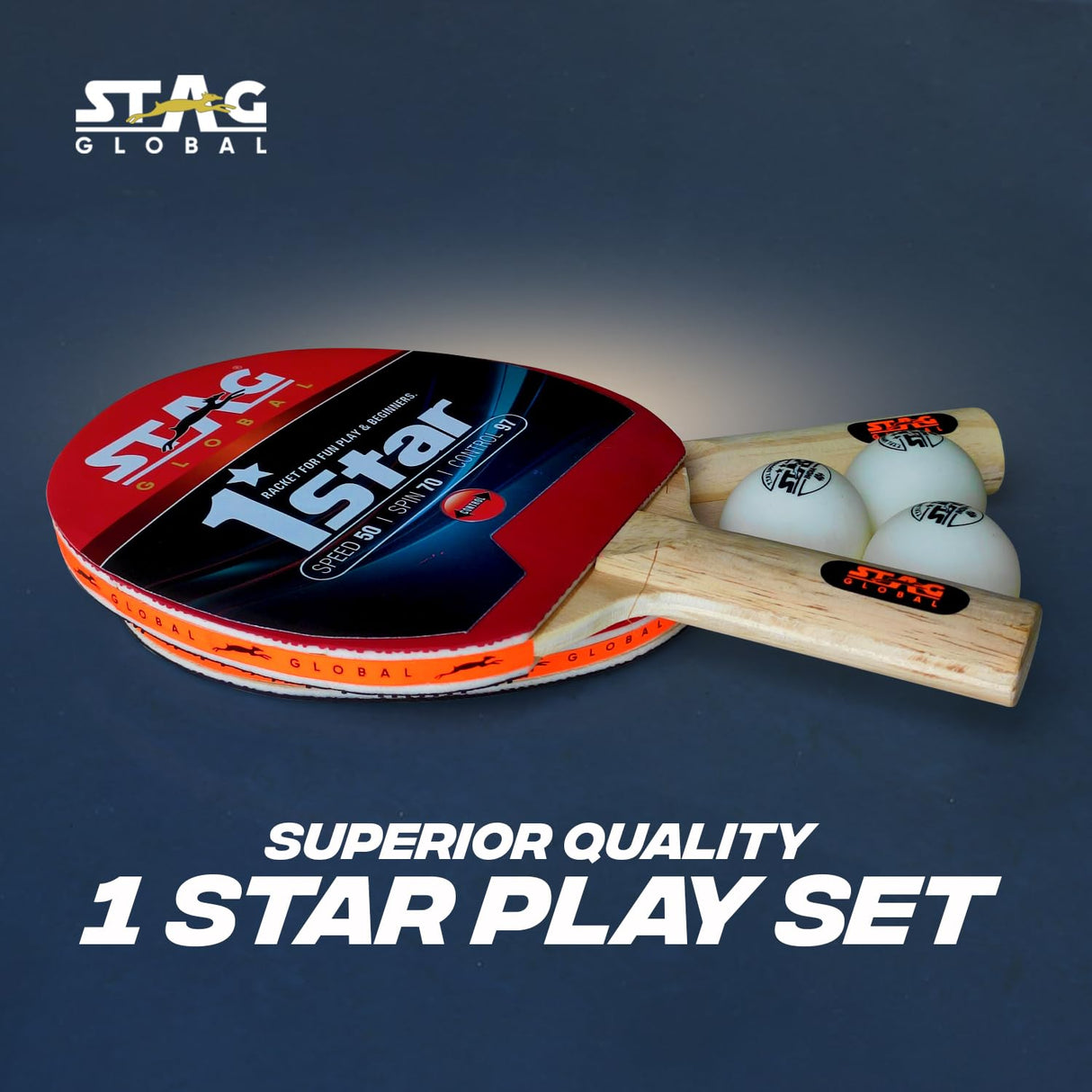 STAG GLOBAL 1 Star Table Tennis Playset, 2 Racket with 3 Balls | Balls White / Orange (Based on availability)