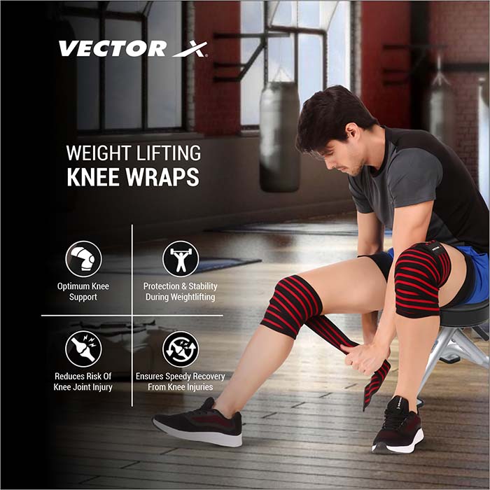 Vector X Knee Wraps/Knee Stabilizer/Knee Bands/Knee Support Compression Straps Set for Weightlifting, Gym Workout, Sports, Squats, Crossfit, Powerlifting, Deadlifts and Heavy Lifting |Washable Fabric- Men and Women (2 Meters Length, 1 Pair) Black-Red