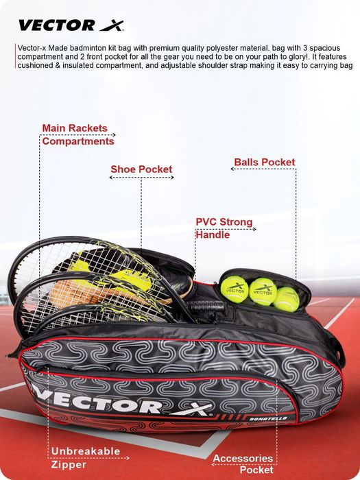 Vector X Donatello Water Resistant 4 Compartment Badminton Bag with Padded Shoulder Strap