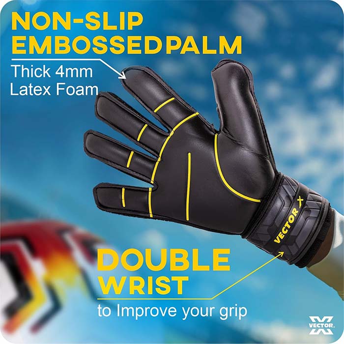 Vector X Goal Stopper Goalkeeper Gloves, Soccer Gloves, Goalie Gloves, Breathable Football Gloves| 4mm Latex Material to Give Protection| for Kids Youth & Adult (Black)