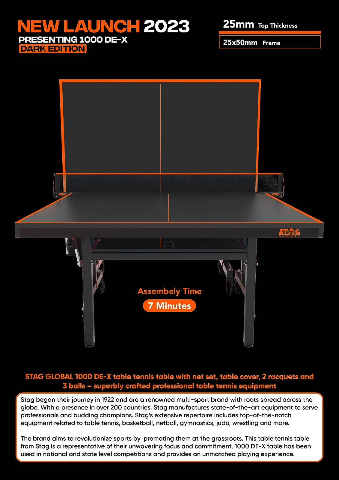 STAG GLOBAL 1000 DE-X Table Tennis Table | Full Size Professional Table with 1 Table Cover | 2 TT Rackets | 6 Balls | 1 Clamp Net