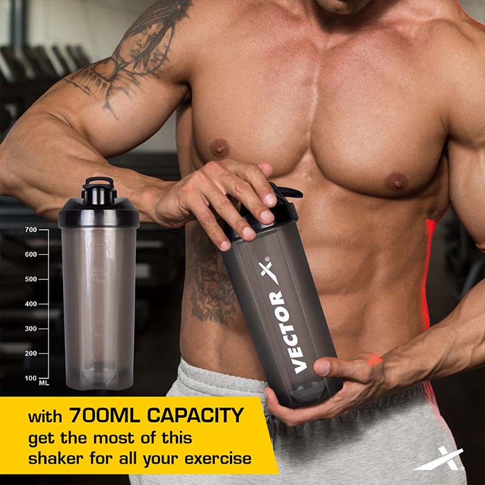 Vector X Nitro High Quality 700 ml Capacity Shaker With Strong Plastic Body Material - 0.5 PP Grade (100% BPA Free, No Toxins) Perfect for Mixing Whey Protein Powder, Smoothies and other Supplements|Gym Water Bottle with Blender Ball