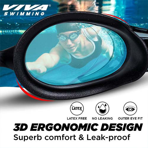 Viva Swimming Flex 3D Ergonomic Design Anti Fog & Crystal Clear View Silicone Swimming Goggle| Anti-Slip & Adjustable Straps| Case Packing (Black)