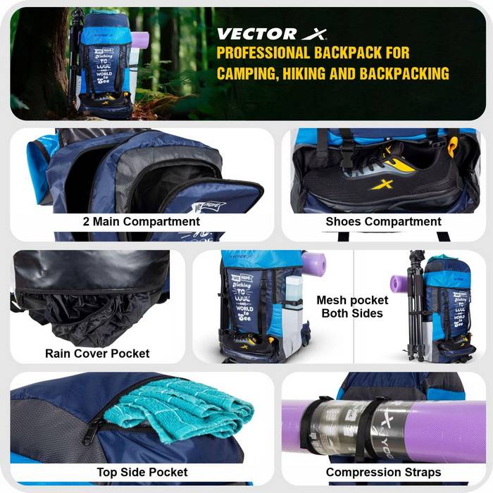 Vector X 55 L Backpack Waterproof Trekking Hiking Camping Travel Outdoor Luggage Bag with Rain Cover
