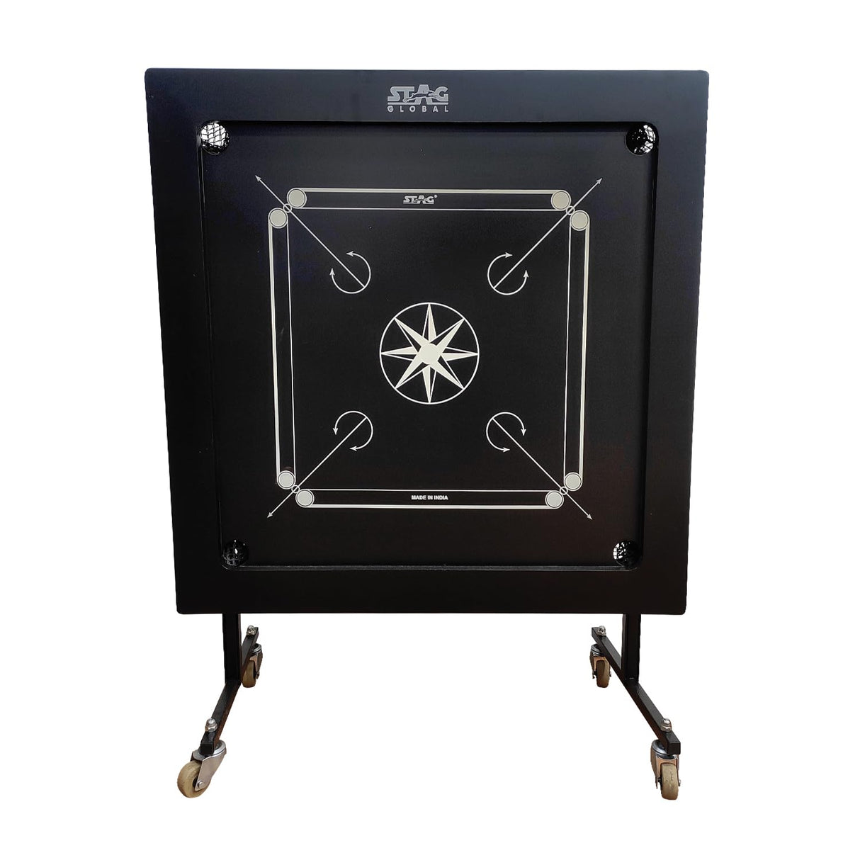 STAG GLOBAL Professional Black Carrom Board on Wheels | 9 Neon Green & 9 Orange Coins Striker
