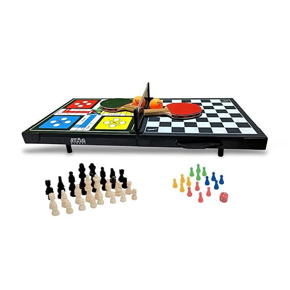 STAG GLOBAL 4 in 1 Supermini Table Tennis Table | Portable | Ludo Chess & Checkers | Board Game Table