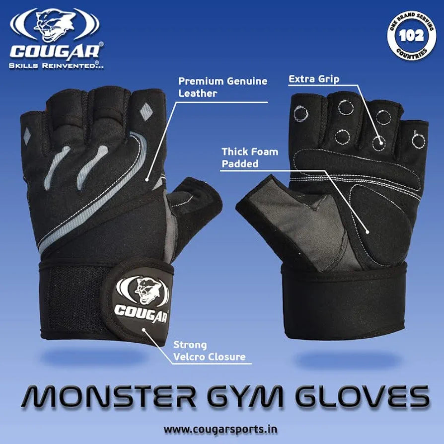 COUGAR Monster Foam Padded Leather Gym Gloves, Suitable for Weight Lifting, Cycling, Exercise, Fitness, Gym Training and General Workouts for Men/Women