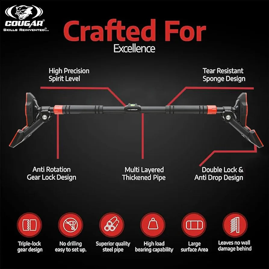 COUGAR THREE WAY SUPPORT Pull Up Bars Hanging leg raises pull up support with water level For Home Workout -Chin Up Bar Gym Accessories Without Screw Anti-skid Grip Strength Training Exercise Bar