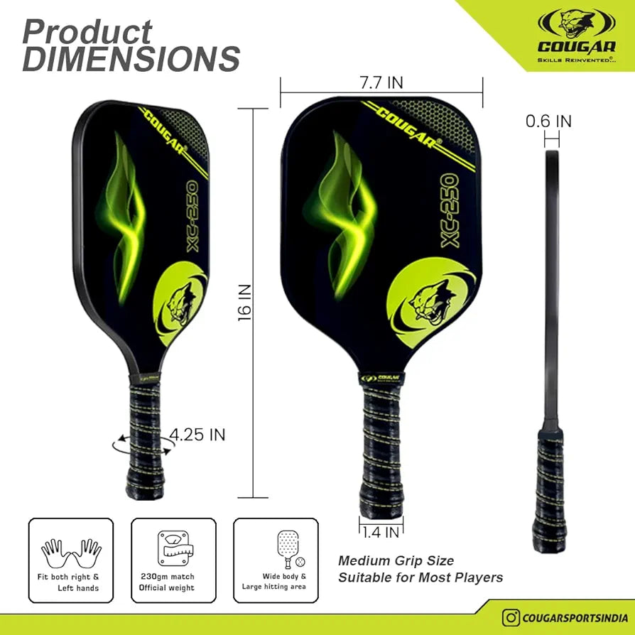 COUGAR Carbon Fibre Pickleball Paddle, Polypropylene Honeycomb Core, 19 mm Thickness, Premium Grip, 225g, 1 Paddle & 1 Performance Balls with Carry Bag