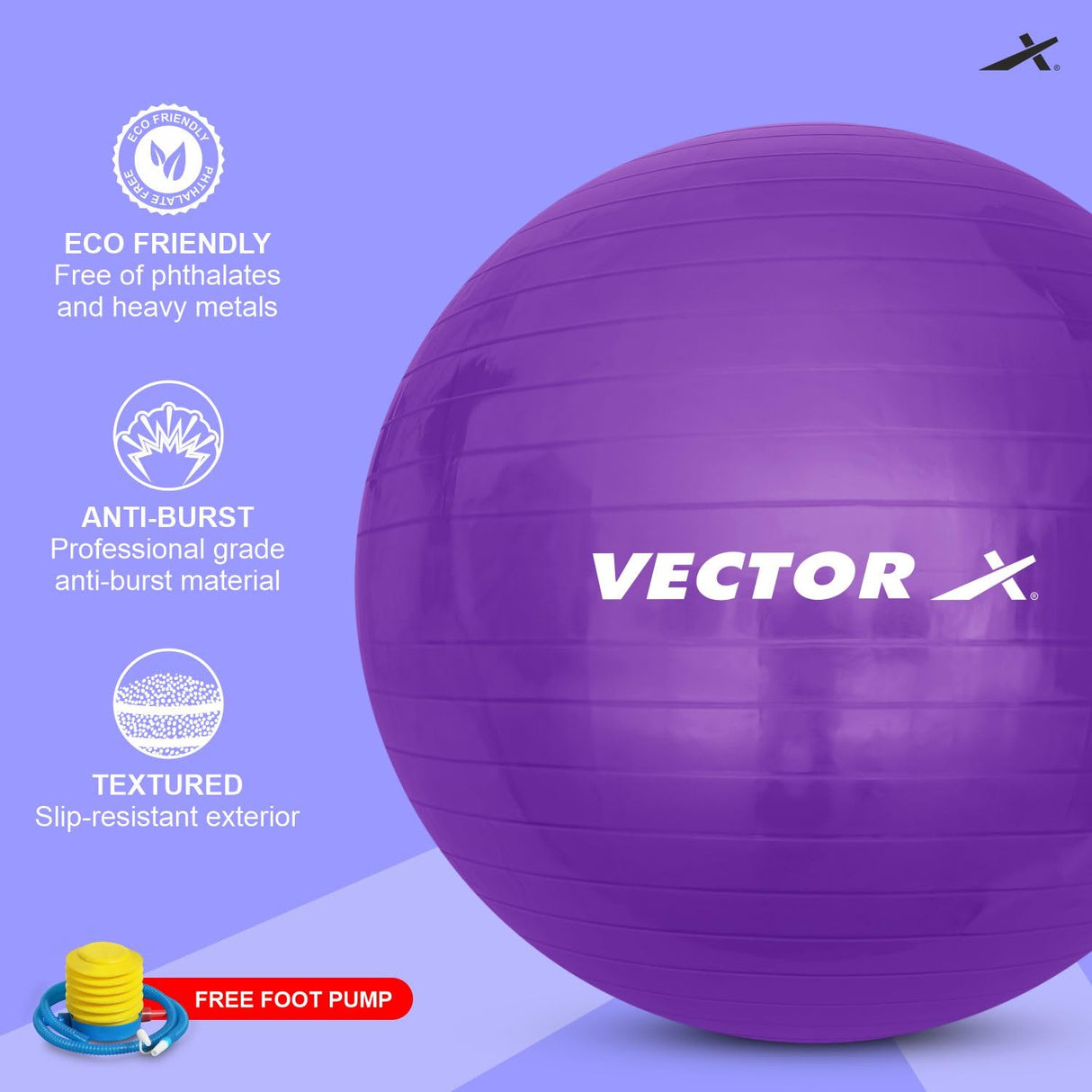 Vector X Protoner Anti-Burst Rubber Gym Ball with Free Foot Pump | Round Shape Swiss Ball for Exercise, Workout, Yoga, Pregnancy, Birthing, Balance & Stability